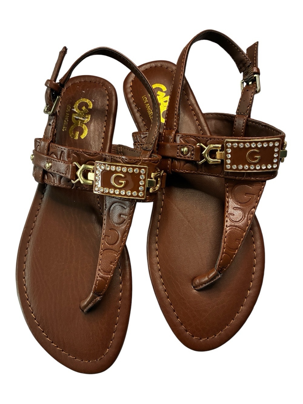 G by GUESS Los Angeles Brown Rhinestone Logo Thong Sandals – Size 5.5